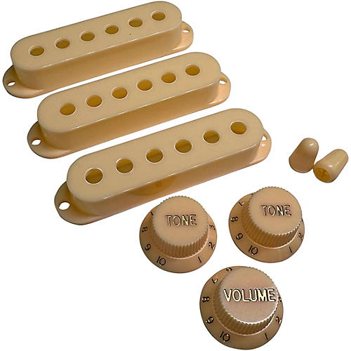 AxLabs Set Of Single Coil Pickup Covers In Modern Spacing (52/50/48), Two Switch Tips, And Three Knobs (Gold Lettering) Parchment