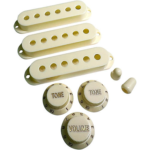 AxLabs Set Of Single Coil Pickup Covers In Modern Spacing (52/50/48), Two Switch Tips, And Three Knobs (Gold Lettering) Vintage White
