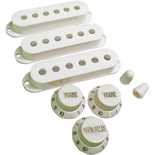 AxLabs Set Of Single Coil Pickup Covers In Modern Spacing (52/50/48), Two Switch Tips, And Three Knobs (Gold Lettering) White