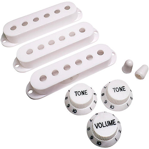 AxLabs Set Of Single Coil Pickup Covers In Vintage Spacing (52mm), Two Switch Tips, And Three Knobs (Black Lettering) White