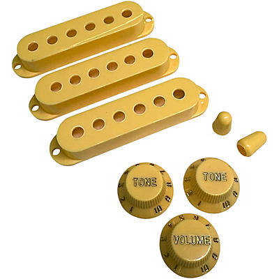 AxLabs Set Of Single Coil Pickup Covers In Vintage Spacing (52mm), Two Switch Tips, And Three Knobs (Gold Lettering)