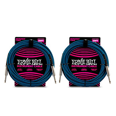 Ernie Ball Straight To Straight Nickel-Plated 1/4 Woven 20' Black/Blue Instrument Cable 2-Pack