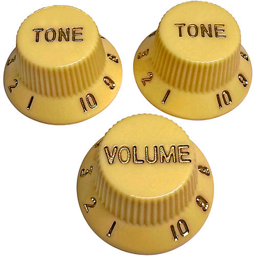 AxLabs Strat-Style Lefty Knob Kit with Gold Lettering (3) Aged White/Cream