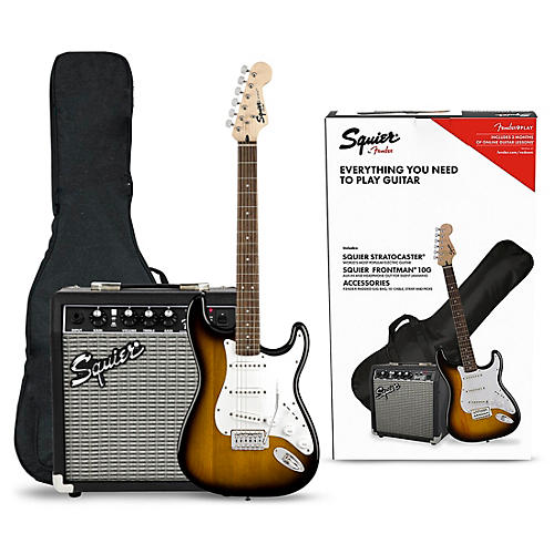 Squier Stratocaster Electric Guitar Pack with Fender Frontman 10G Amp Brown Sunburst