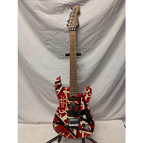 EVH Striped Series Frankie Solid Body Electric Guitar Red with Black and White Stripes Relic