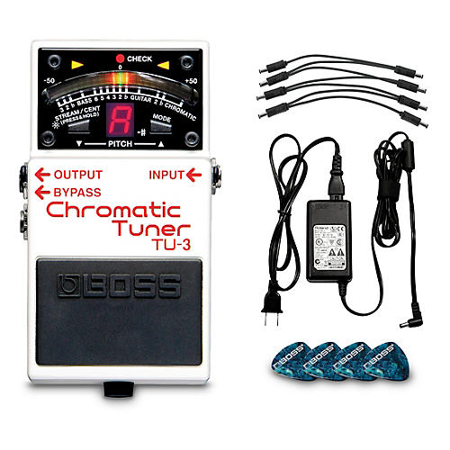 BOSS TU-3 Chromatic Tuner for Electric and Bass Guitars Bundle with Blucoil Slim 9V Power Supply AC Adapter and 4-Pack of Celluloid Guitar Picks 