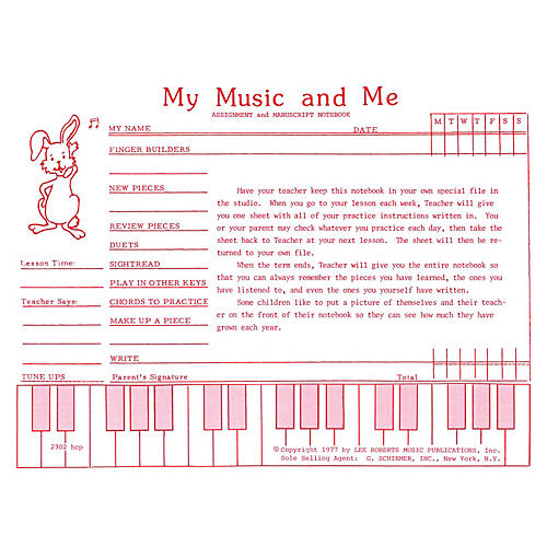 Lee Roberts Teaching Aids, My Music & Me - Primary Manuscript and Assignment Diary Pace Piano Education Series