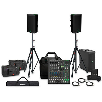 Mackie ThumpSub GO Battery-Powered Portable Subwoofer Bundle with 12" Battery Powered Speakers, 10 Channel Mixer, Extra Batteries, Stands, Cables, and Mixer Bag