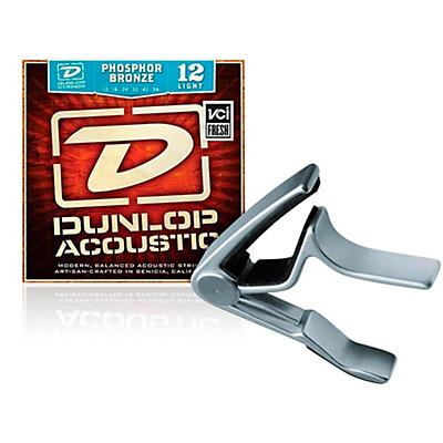 Dunlop Trigger Curved Nickel Capo and Phosphor Bronze Light Acoustic Guitar Strings 