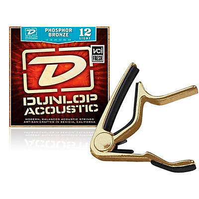 Dunlop Trigger Flat Gold Capo and Phosphor Bronze Light Acoustic Guitar Strings 