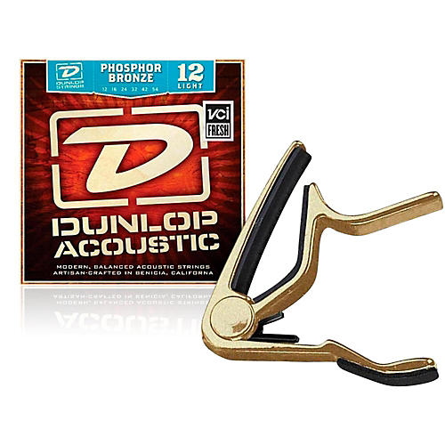 Trigger Flat Gold Capo and Phosphor Bronze Light Acoustic Guitar Strings 