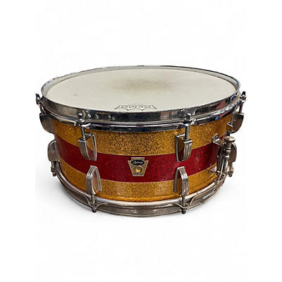 Used 1960 Ludwig 14X6.5 Tri-Band Parade Snare Gold and Red Sparkle Drum