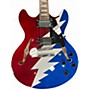 Used D'Angelico Premier Grateful Dead DC Red White and Blue Lightning Hollow Body Electric Guitar Red White and Blue Lightning