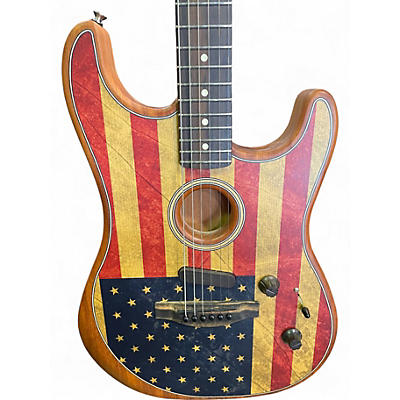 Used Fender American Acoustasonic Stratocaster NATURAL W/ AMERICAN FLAG PRINT Acoustic Electric Guitar
