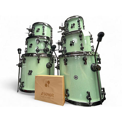 Used SONOR 7 Piece S2Q Medium Maple Kit Mint Green Sparkle Drum Kit Mint Green Sparkle