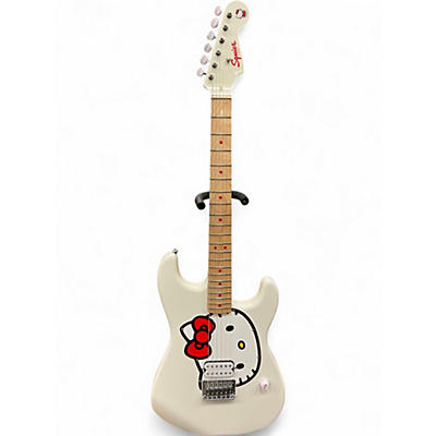 Used Squier Hello Kitty Stratocaster Single Hum Black With Kitty Pickguard Classic White Solid Body Electric Guitar