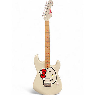 Used Squier Hello Kitty Stratocaster Single Hum Black With Kitty Pickguard Classic White Solid Body Electric Guitar