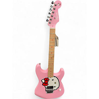 Used Squier Hello Kitty Stratocaster Single Hum Pink With Kitty Pickguard Pink Solid Body Electric Guitar