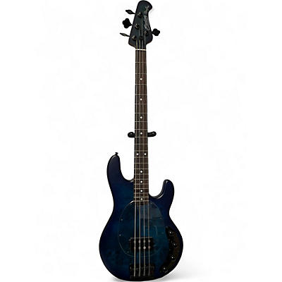 Used Sterling by Music Man Sting Ray Burl Top Blue Electric Bass Guitar