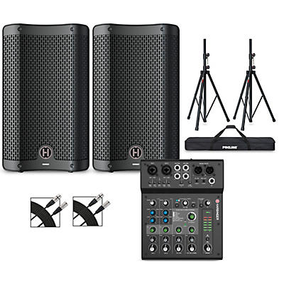 Harbinger VARI 2408 8" Powered Speakers Package With LX8 Mixer, Stands & Cables