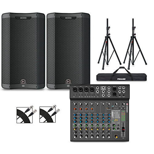 Harbinger LV14 Mixer With VARI V4100 Powered Speakers, Stands, Cables and  Tote Bags
