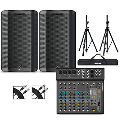 Harbinger VARI 3415 15" Powered Speakers Package With LX12 Mixer, Stands & Cables