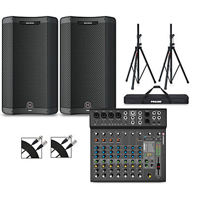 Harbinger VARI V3412 12" Powered Speakers Package With LX12 Mixer, Stands & Cables
