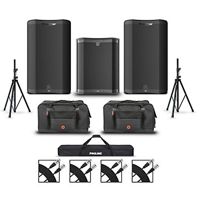Harbinger VARI V4415 15" 675W Powered Speakers Package With VS18 18" Subwoofer, Stands, Bags & Cables