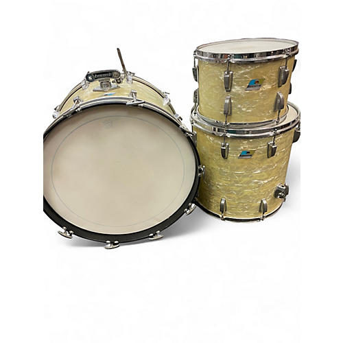 Vintage 1970s Ludwig 3 Piece Olive Badge White Marine Pearl Drum Kit White Marine Pearl
