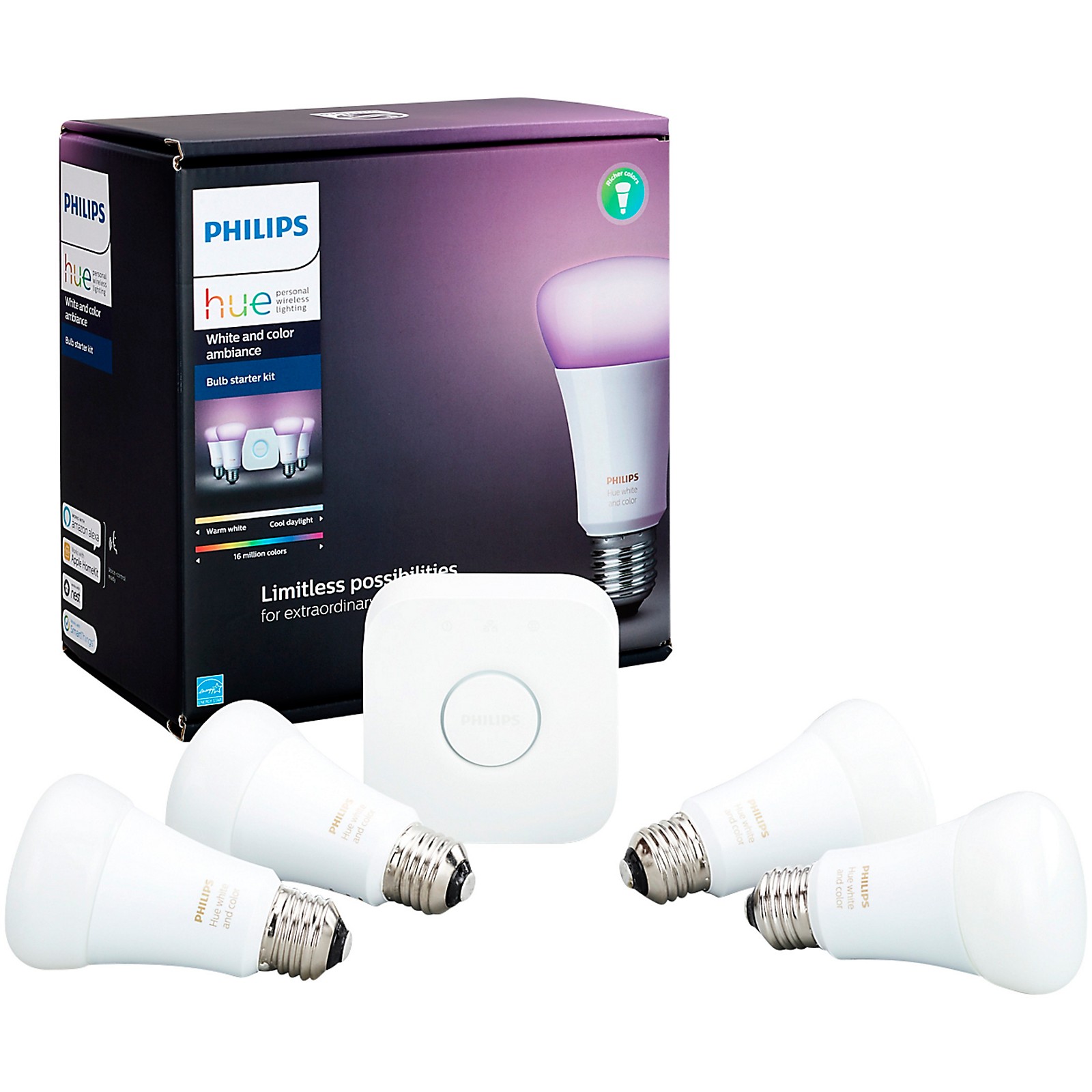 Philips Hue White and Color Ambiance A19 Gen 3 Starter Kit 4 Pack  