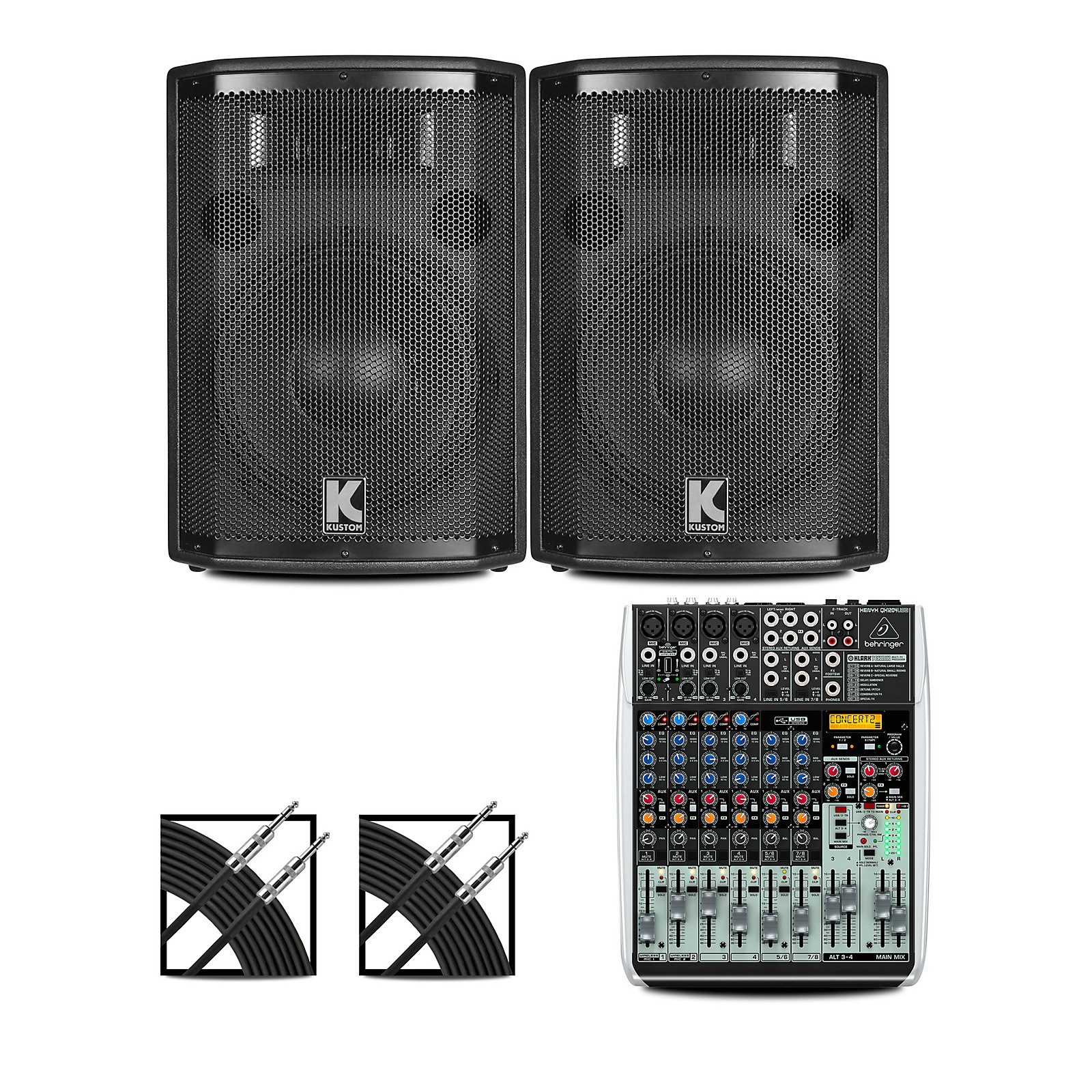 Behringer XENYX QX1204USB Mixer and Kustom HiPAC Speakers 10" Mains